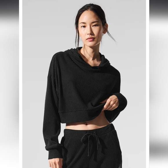 ALO Yoga Sweaters - Alo Muse Crop Ribbed Hoodie Black Size Small
